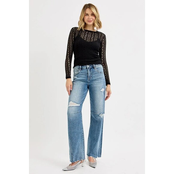 RISEN Mid Rise Fit Wide Baggy Leg Tie Washed Jeans Plus Size - Picture 6 of 6